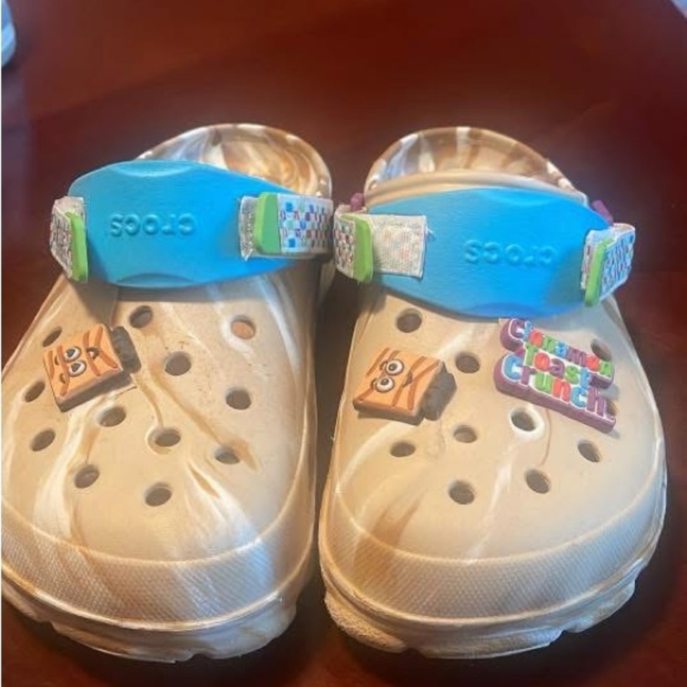 CROCS Cream Clogs with Blue Strap